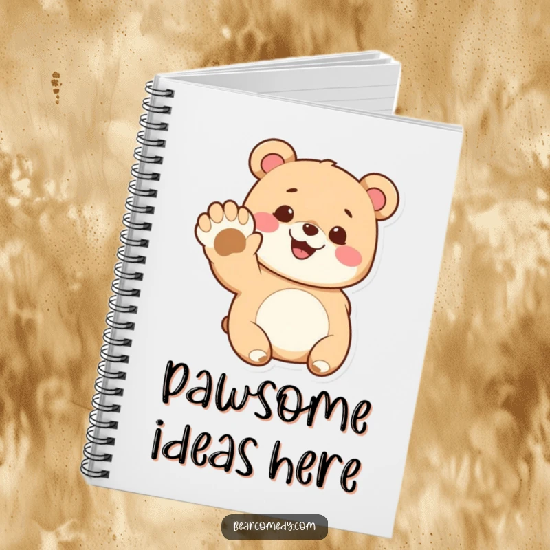 Funny notebook cover with a cute bear character happily grinning and waving its large paw, ready for notes.