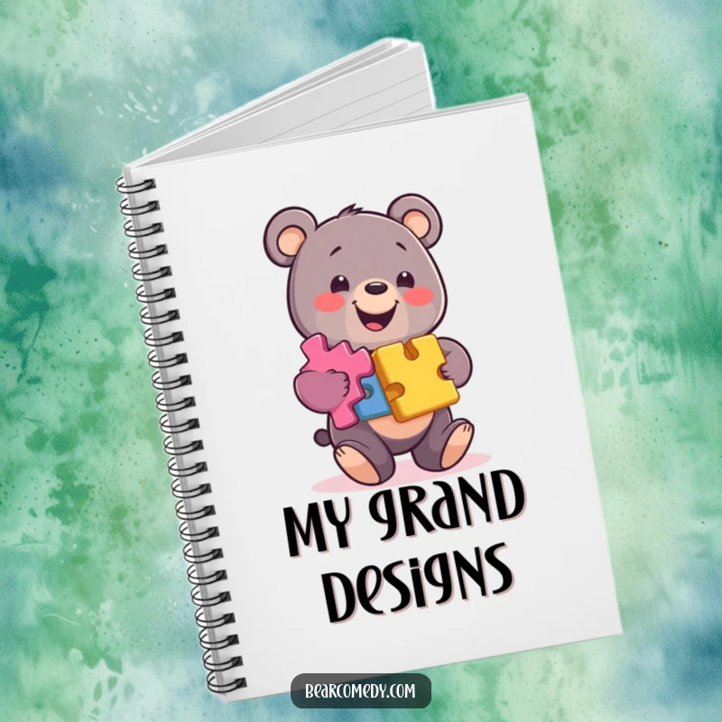 Funny bear notebook featuring a smiling character balancing colorful puzzle pieces, ideal for note-taking and idea organization.
