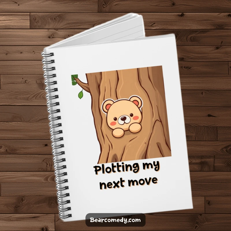 Funny notebook cover featuring a bear character curiously peeking from behind a tree, inspiring observant writing and note-taking with humor.
