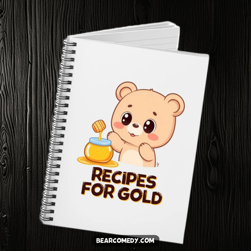 Funny notebook cover with a kawaii bear eagerly reaching for a honey pot, symbolizing sweet thoughts and creative inspiration.