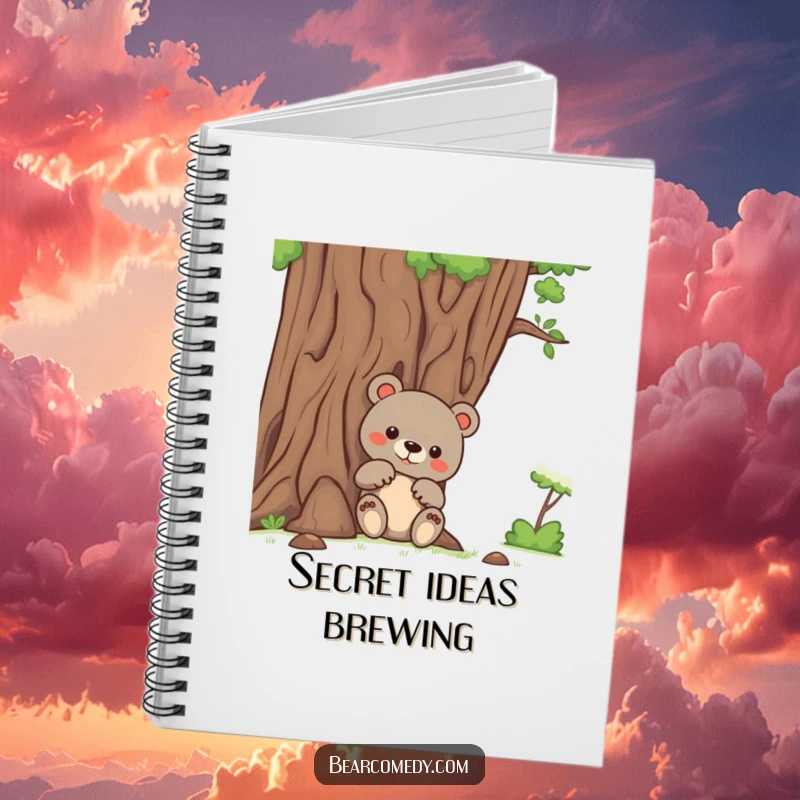 Funny bear notebook featuring a bear with curious paws peeking from behind a friendly tree, ideal for note-taking and observation.