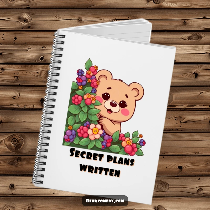 Funny notebook with a mischievous bear character, eyes twinkling, playfully peeking from a berry bush, for jotting playful plans.