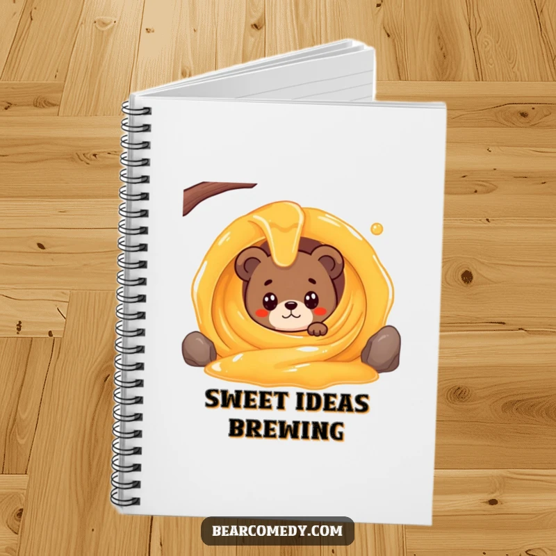 Funny notebook with a bear character wide-eyed peeking from a giant, swirling honey stream, perfect for jotting sweet ideas.