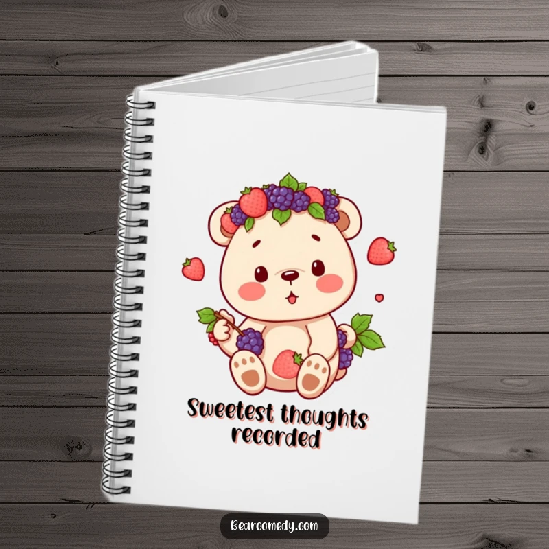 Funny notebook cover featuring a bear character with a crown of berries, enjoying its sweet harvest, inspiring creative writing.