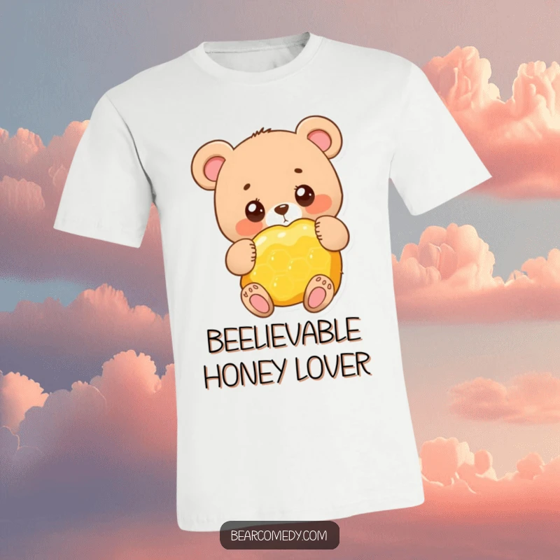 Funny adorable bear character with big round eyes, happily hugging a giant honeycomb, wearing this shirt is pure joy.
