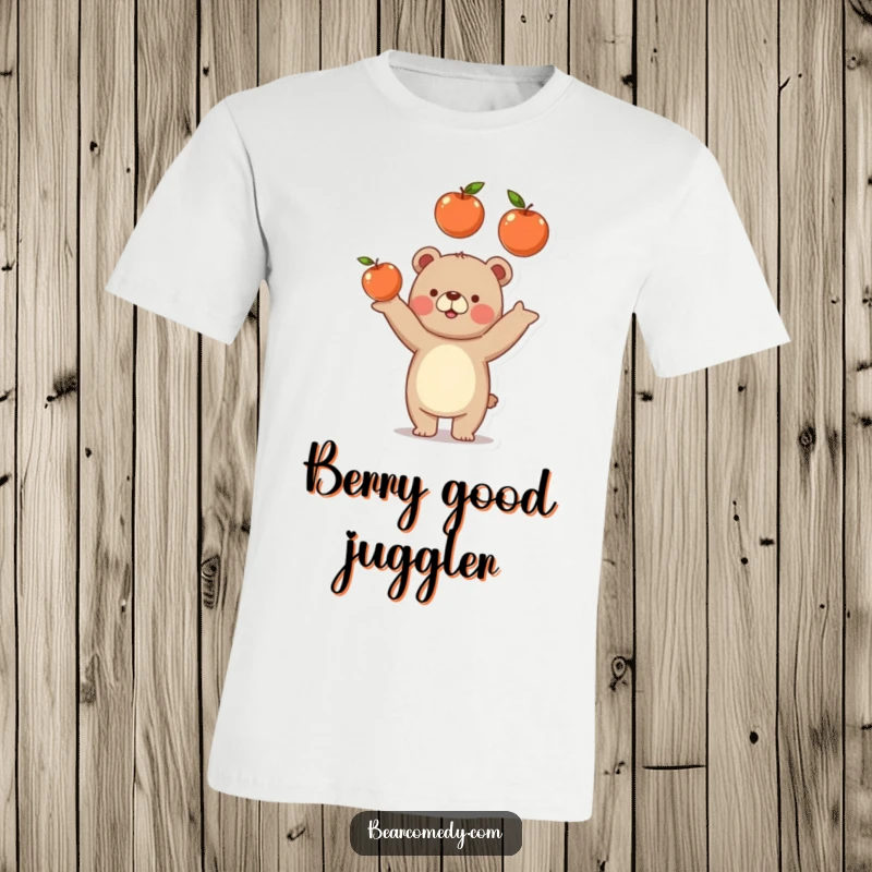 Funny bear t-shirt featuring a happy bear comically juggling three ripe, juicy apples, embodying playful humor.
