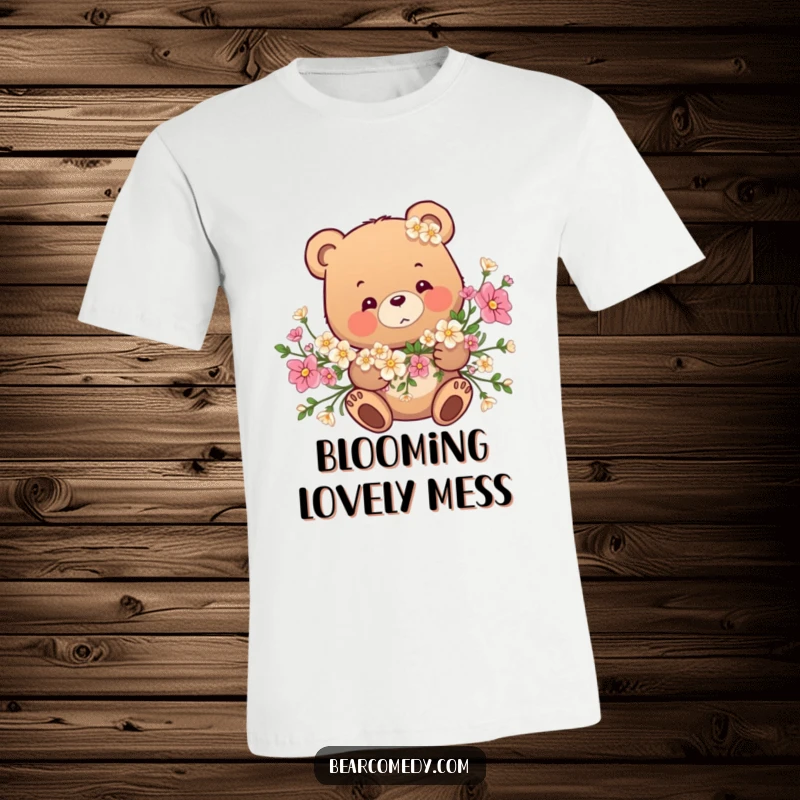 Funny t-shirt print: A happy bear is playfully entangled in a vibrant garland of flowers, looking sweetly mischievous.
