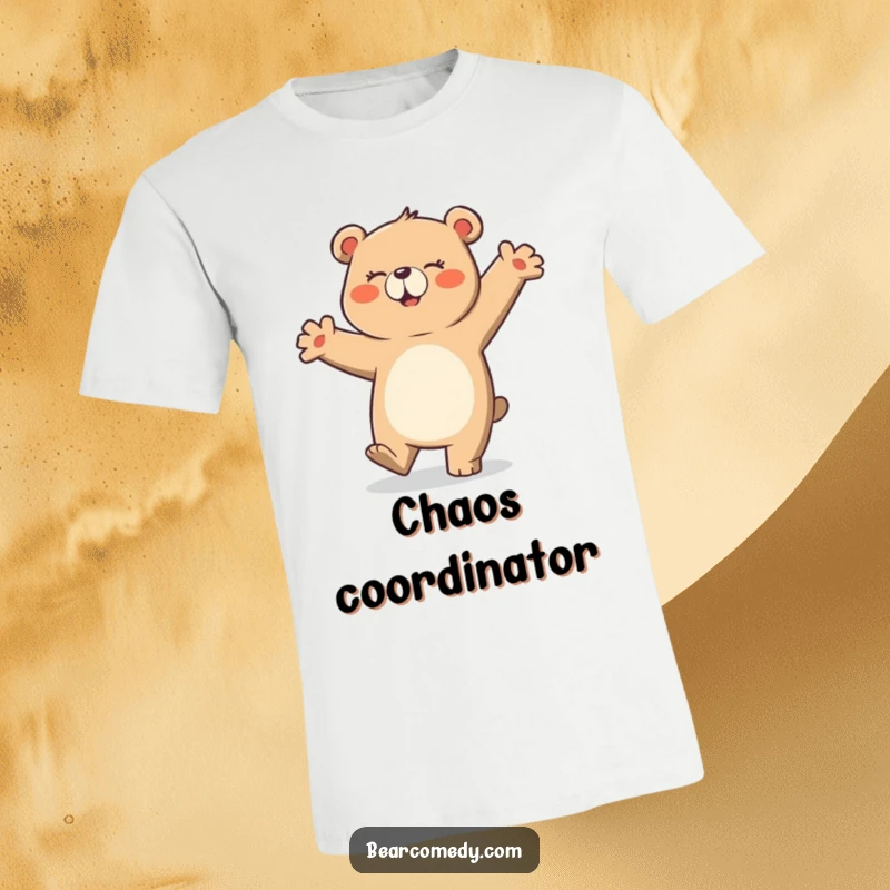 Funny t-shirt showcasing a bear character in a wildly energetic and clumsy dance, arms flailing in joyful abandon. Humorous and expressive.