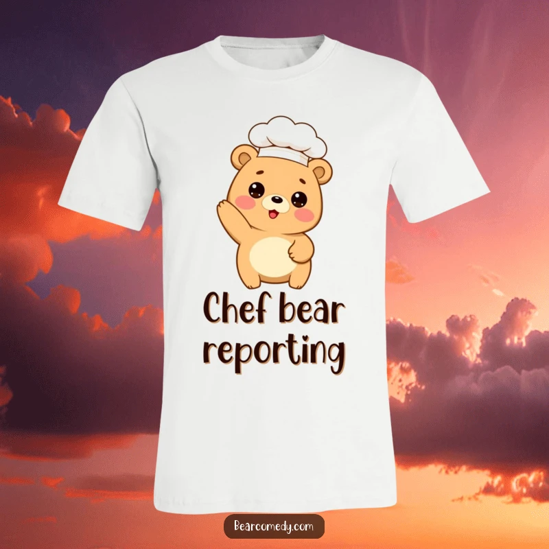 Funny t-shirt showing a cute bear in a chef's hat striking a funny baking pose, ready to create culinary masterpieces.