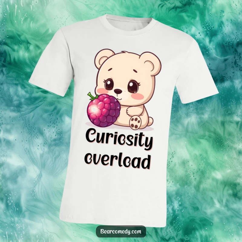 Funny t-shirt with a bear character innocently sniffing a huge, sparkling berry, eyes wide with pure curiosity and amazement.