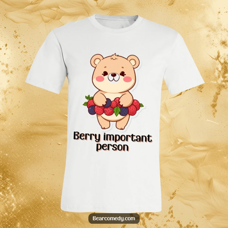 Funny bear t-shirt featuring a mischievous bear character grinning while balancing a tall stack of juicy berries.