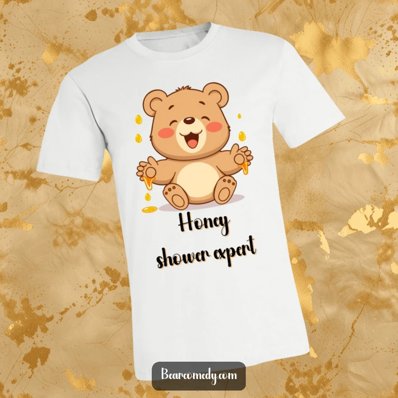 Funny t-shirt showing a bear with outstretched paws, happily catching dripping honey, embodying sweet, playful delight.