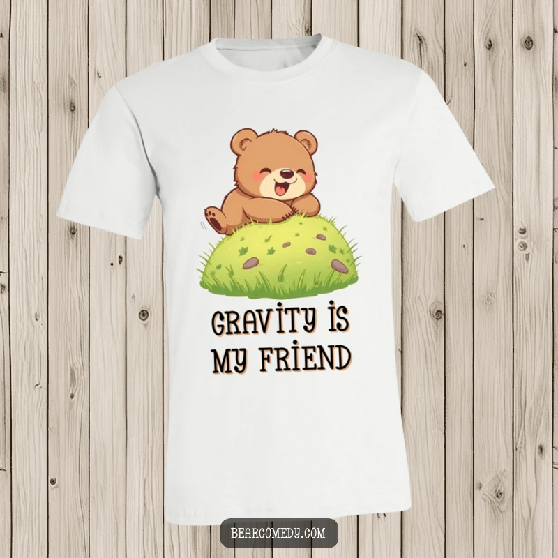Funny t-shirt with a happy bear cub rolling down a grassy slope, expressing pure, unadulterated fun and freedom, perfect for outdoor lovers.