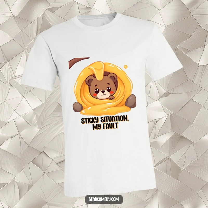 Funny t-shirt with a bear character wide-eyed peeking from a giant, swirling honey stream, capturing a moment of sweet desire.