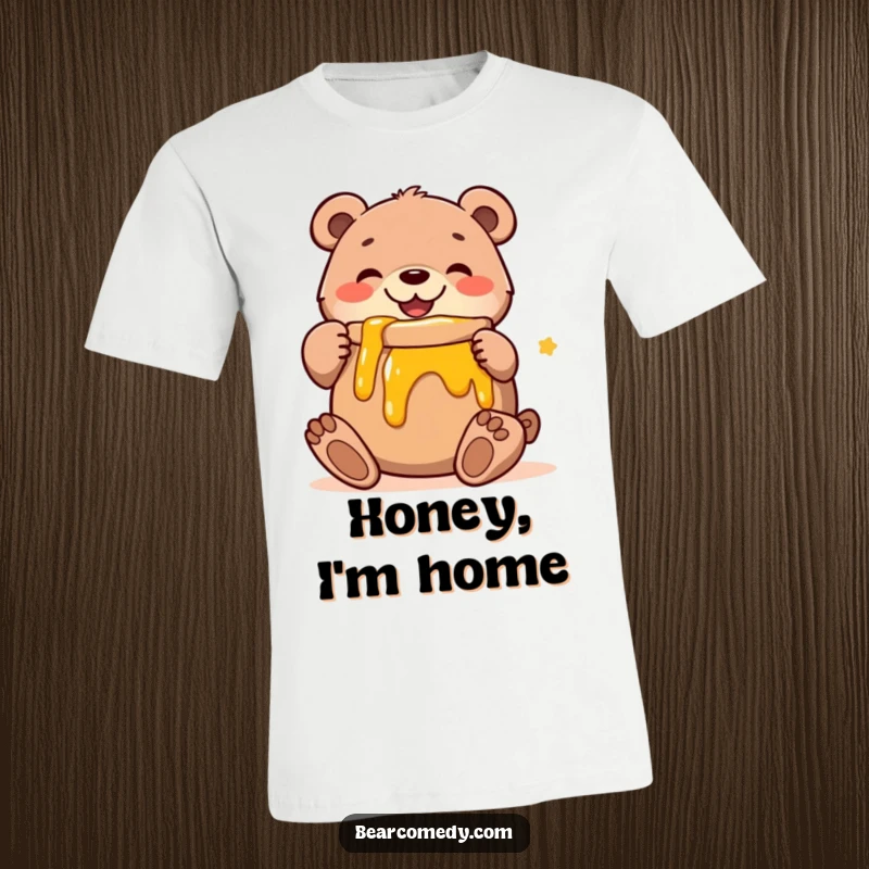 Funny t-shirt showcasing a cheerful bear character giving a giant pot of honey a big, affectionate hug, expressing delight and abundance.