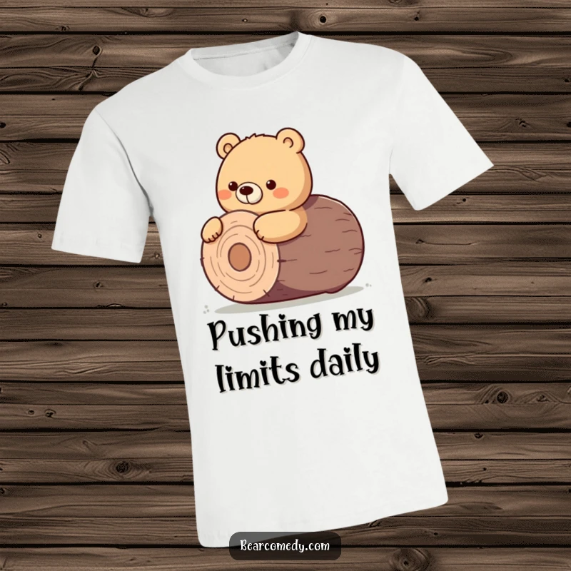 Funny t-shirt design of a bear character with a determined nudge, struggling to roll a huge, round log.