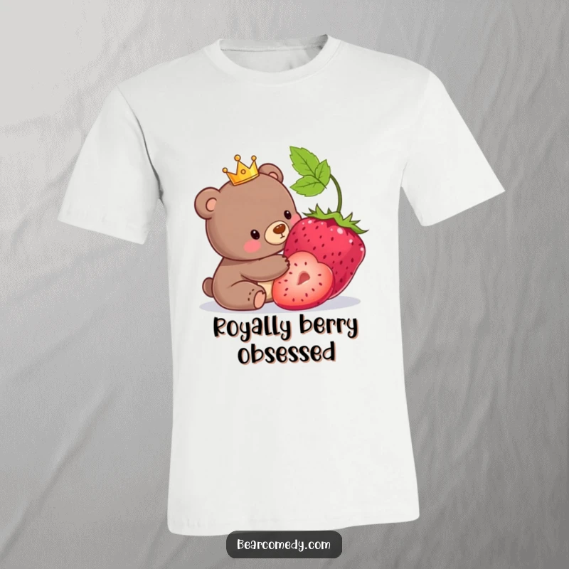 Funny t-shirt showcasing a bear with a tiny crown playfully nudging a giant berry.
