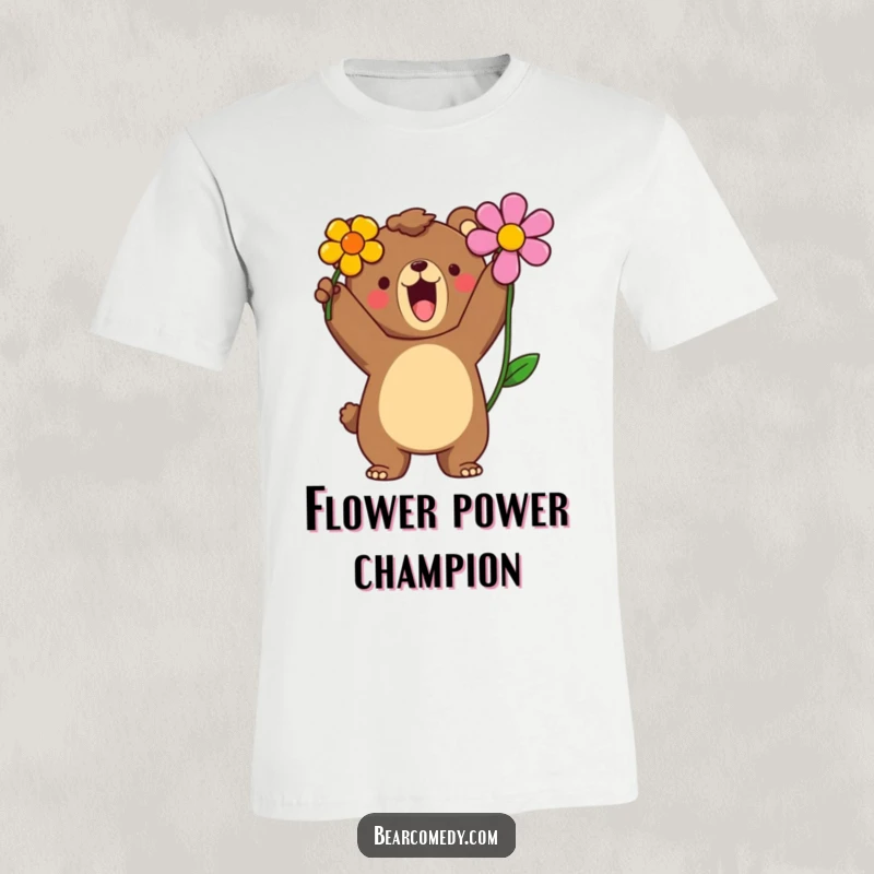 Funny t-shirt design of a bear character proudly roaring while holding a single, brightly colored flower aloft.