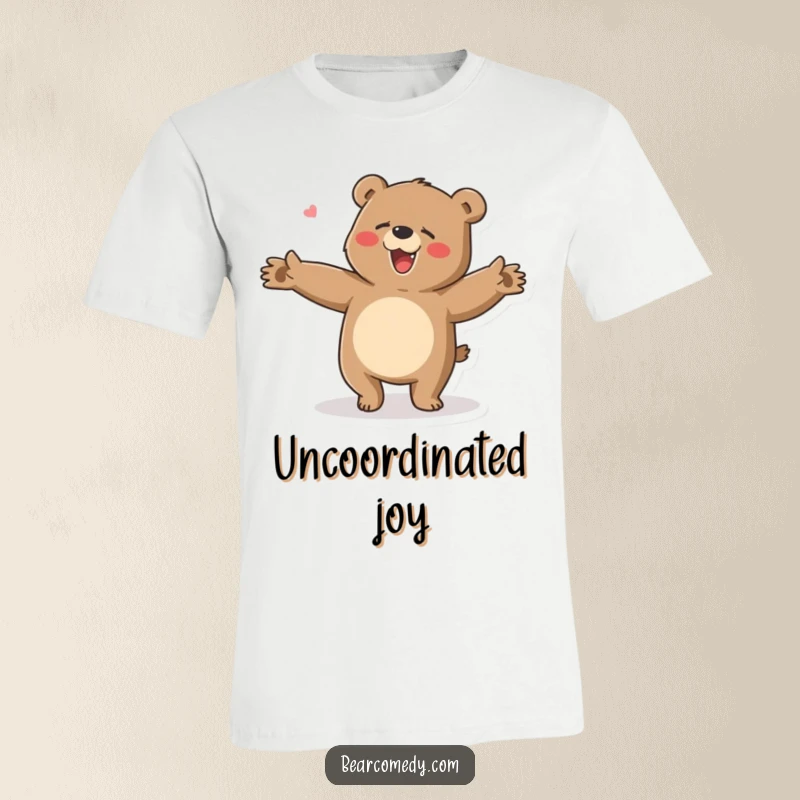 Funny t-shirt showcasing a bear character in a hilarious, clumsy dance with arms flailing, full of happy energy and silliness.