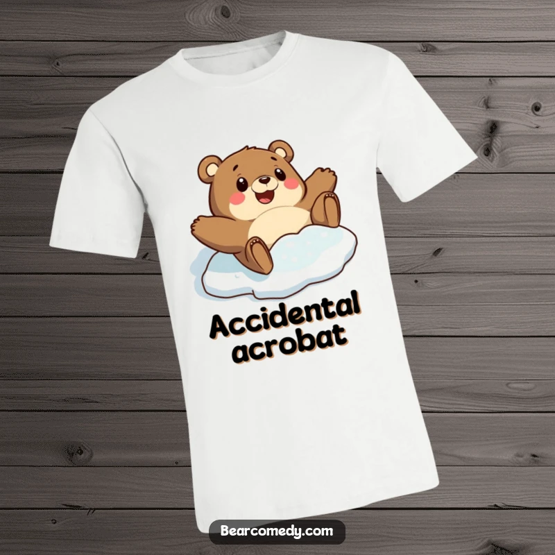 Funny t-shirt depicting a bear character comically sliding on a slick icy patch with an expression of pure, surprised delight.