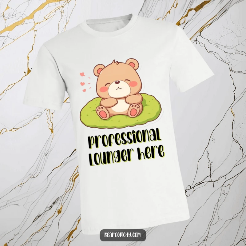 Funny t-shirt design of a bear character sighing happily while lounging comfortably on a plush, mossy bed.