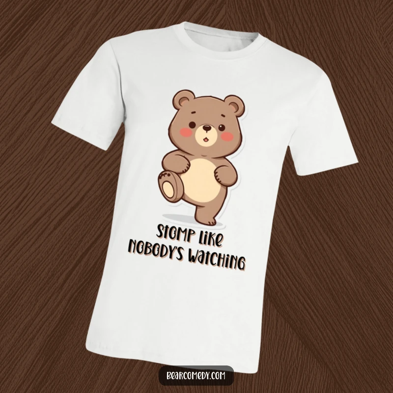 Funny bear character doing a playful stomp on a t-shirt, showcasing energetic humor and personality.