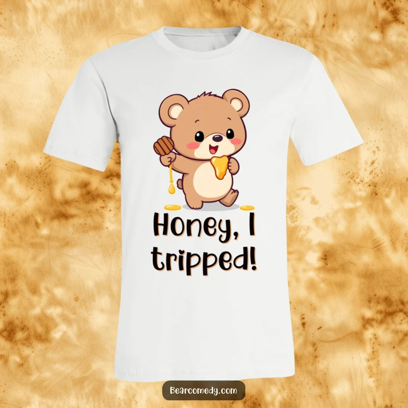 Funny t-shirt depicting a bear with comically large ears stumbling while spilling honey everywhere.