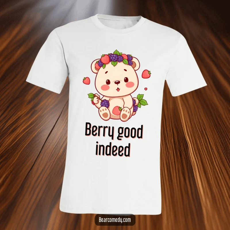 Funny t-shirt design of a bear character wearing a crown made of fresh berries, enjoying its sweet, natural harvest with delight.