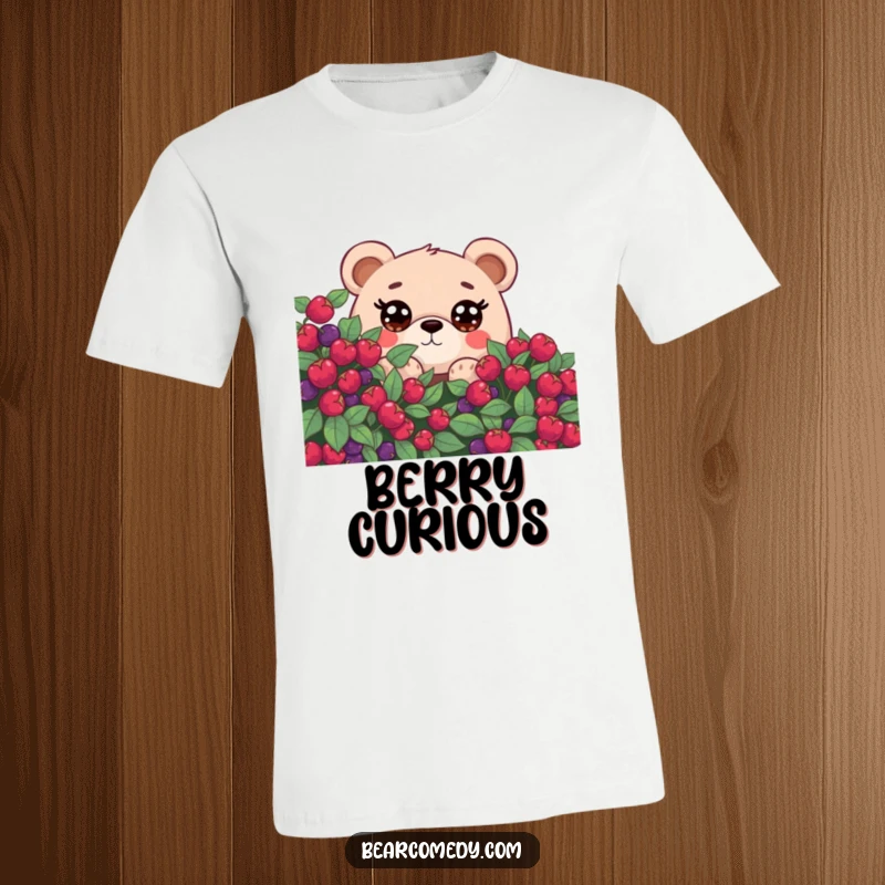 Funny t-shirt showcasing a bear with huge, curious eyes peeking out from behind a vibrant berry bush, inviting exploration.