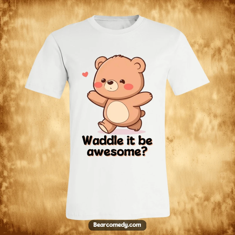 Funny bear character with a delighted waddle ambling along on a t-shirt, showcasing cheerful movement.