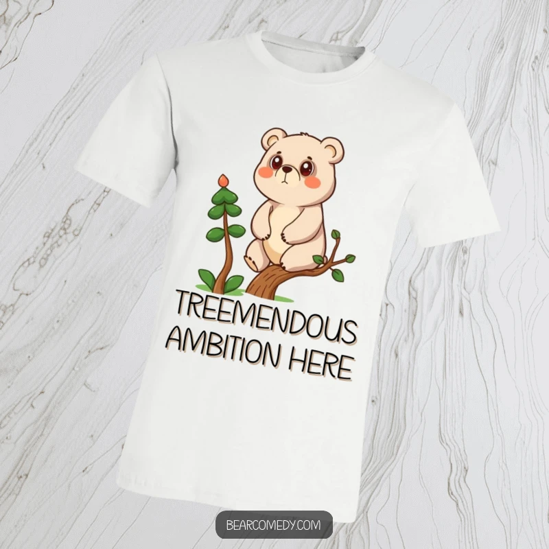 Funny determined bear character climbing a small tree on a t-shirt, representing drive and humor.