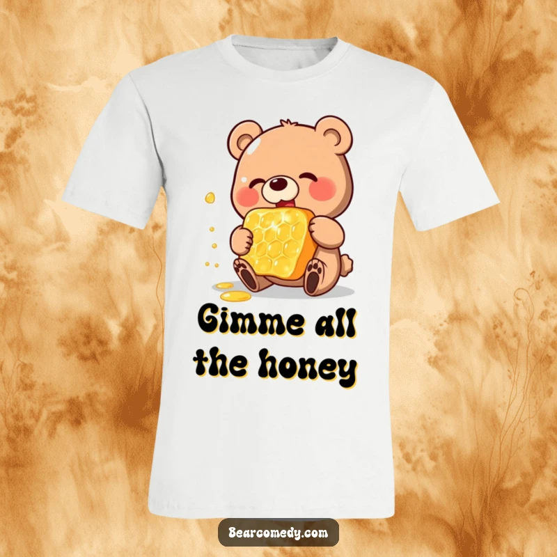 Funny t-shirt showing a happy bear charactereating a gigantic, shimmering honeycomb with pure delight and enthusiasm, a sweet and funny design.