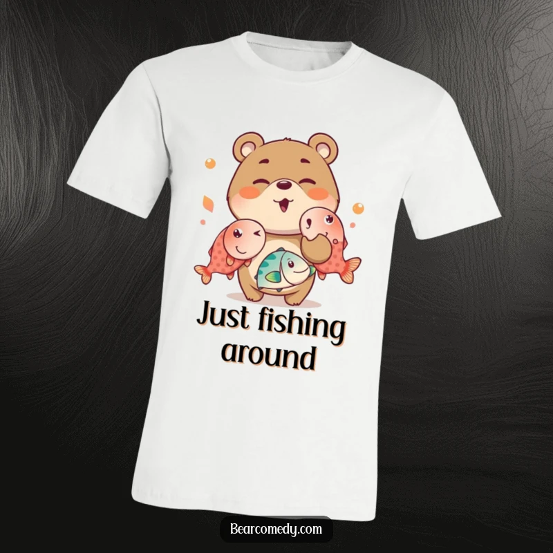 Funny t-shirt with a mischievous bear charactere winking and juggling oversized, bright fish, creating a humorous and dynamic scene.