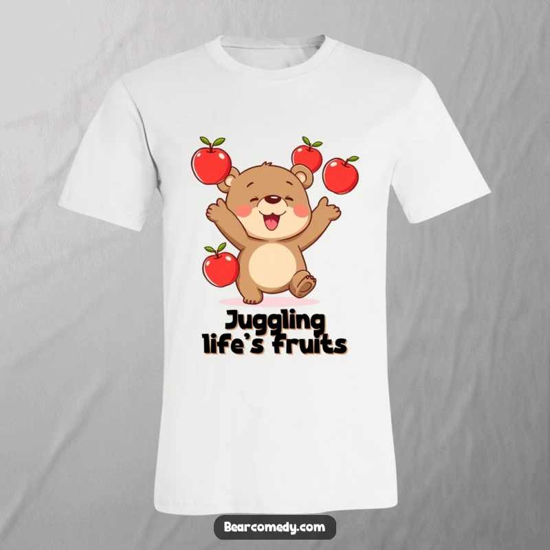 Funny t-shirt featuring a delighted bear character tossed three round, red apples while performing a juggling act.