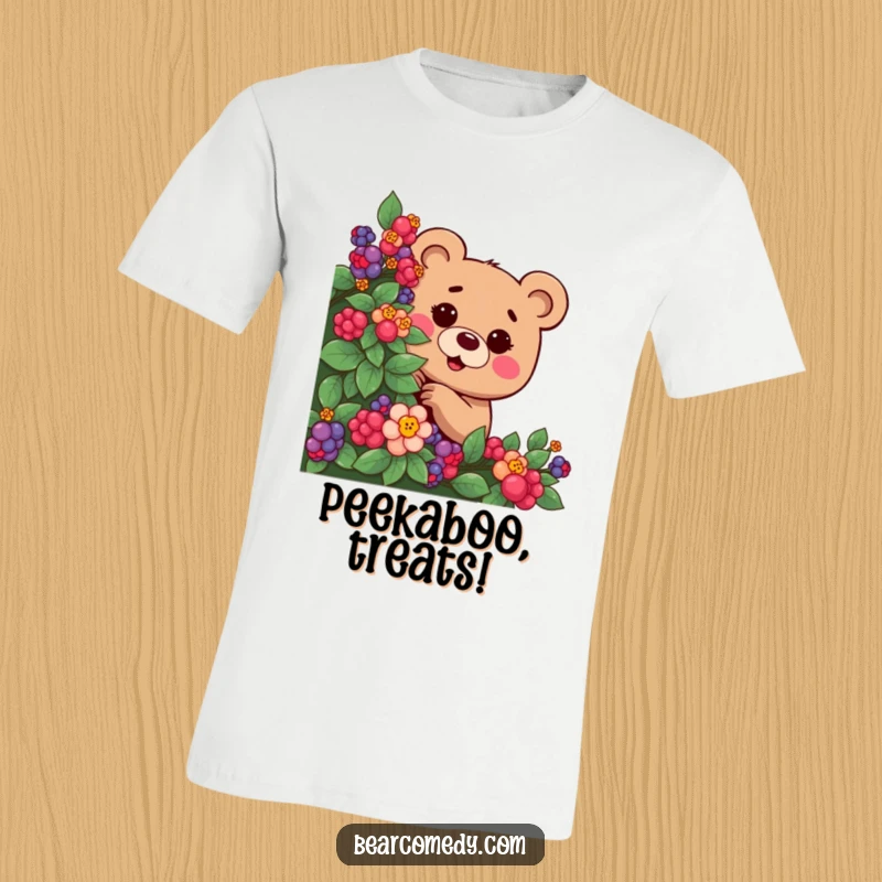 Funny t-shirt of a bear with a mischievous twinkle, playfully peeking from a berry bush, suggesting a fun, sneaky moment.