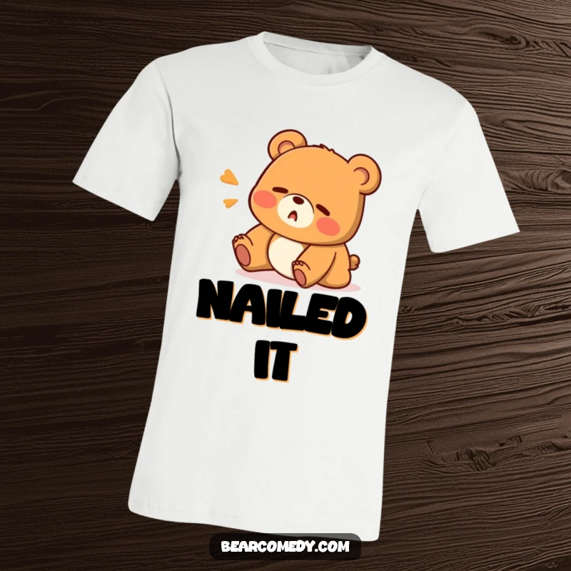 Funny t-shirt with a cartoon bear mid-stumble, looking surprised with an 'Oops!' expression, ideal for humorous apparel lovers.
