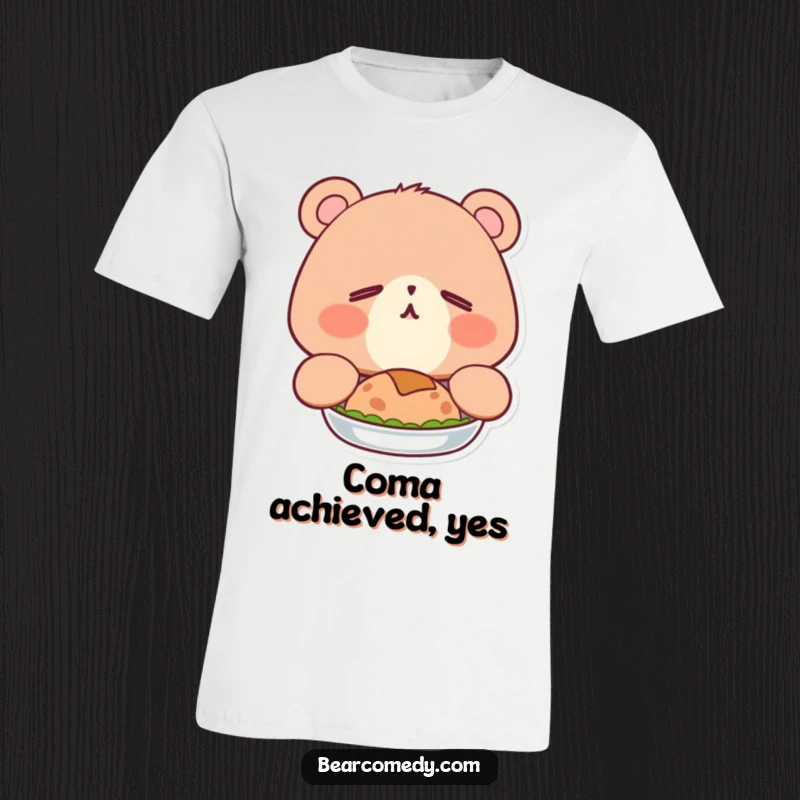 Funny t-shirt of a sleepy bear with contented eyes, adorably yawning wide after a big meal, conveying post-food bliss.