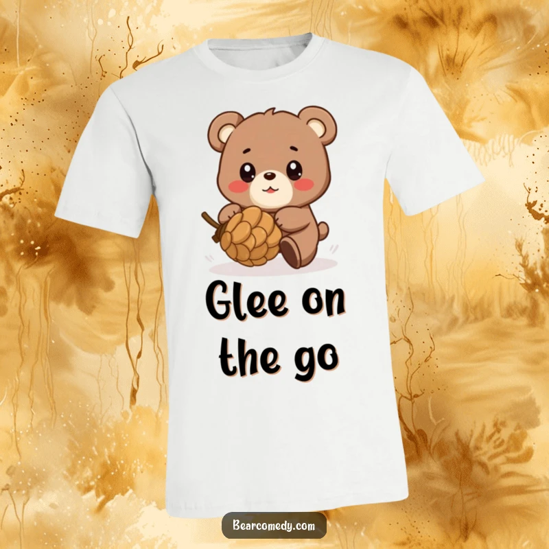 Funny t-shirt design of a bear character playfully chasing a rolling pinecone, with eyes sparkling with excitement and pure glee.