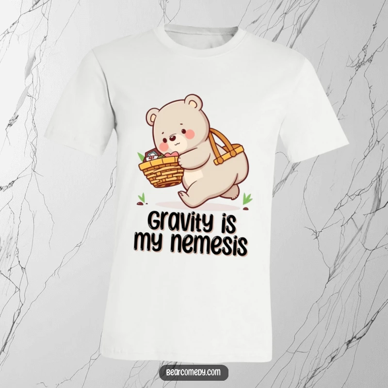 Funny t-shirt illustrating a playful bear character comically tripping with a very large picnic basket, mid-spill.