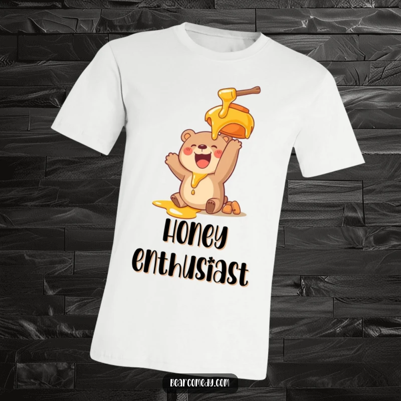 Funny t-shirt showcasing a bear character with a huge smile, joyfully reaching for a massive, dripping honey pot, capturing sweet anticipation.