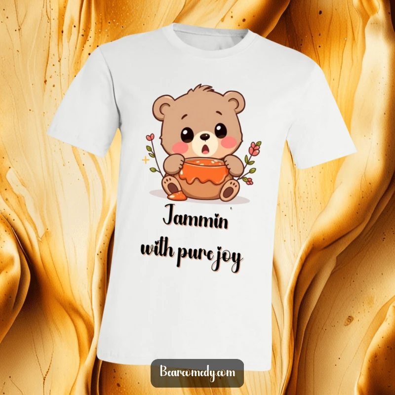 Funny t-shirt design of a bear character making a surprised squeak upon discovering a secret pot of delicious jam.