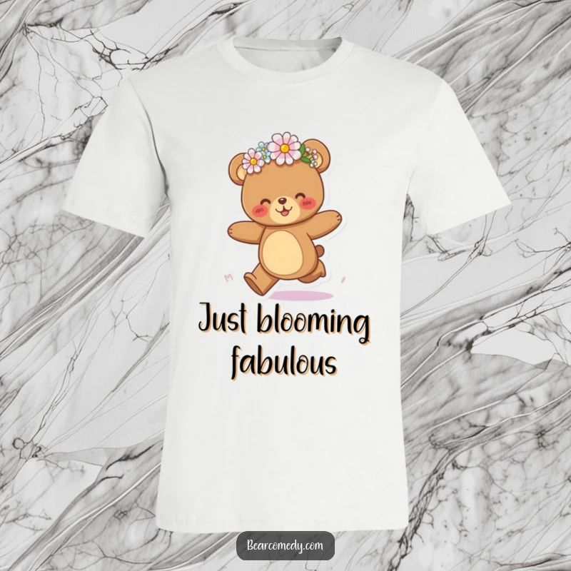 Funny bear t-shirt featuring a bear character joyfully galloping while wearing a whimsical flower crown askew.