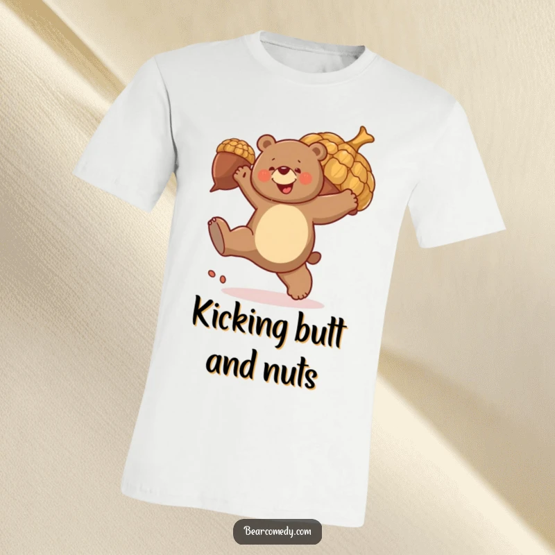 Funny t-shirt graphic: A bear happily kicks a large, bouncing acorn, conveying excitement and playful action.