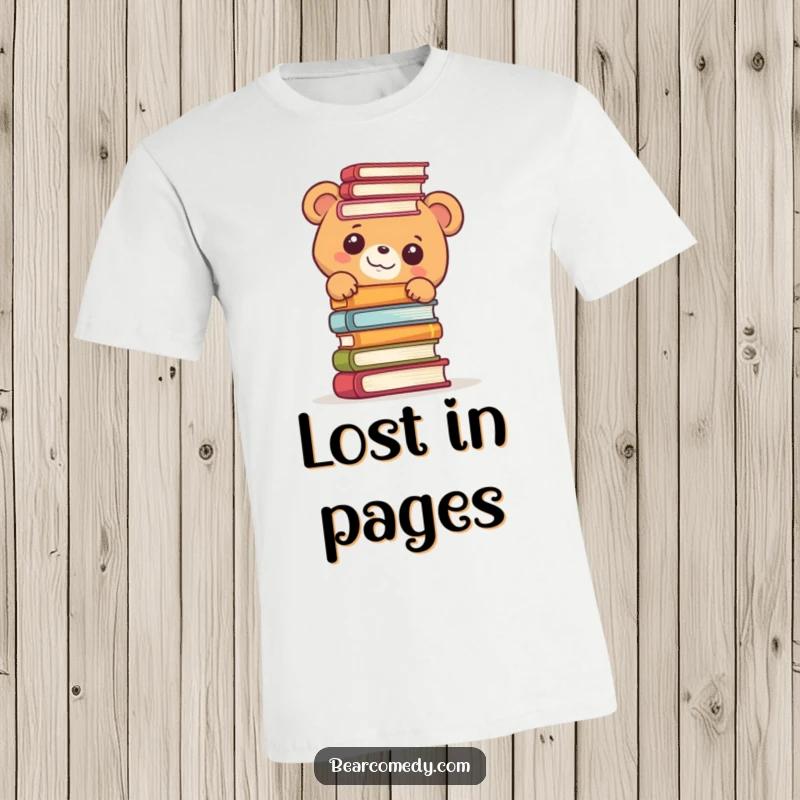 Funny t-shirt featuring a bear character with wide, delighted eyes, peeking over a very tall stack of colorful books.
