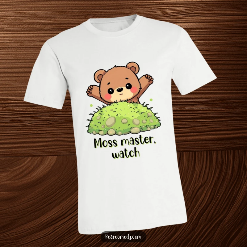 Funny t-shirt depicting a bear with a determined expression, leaping into a pile of soft, inviting moss, embodying bravery.