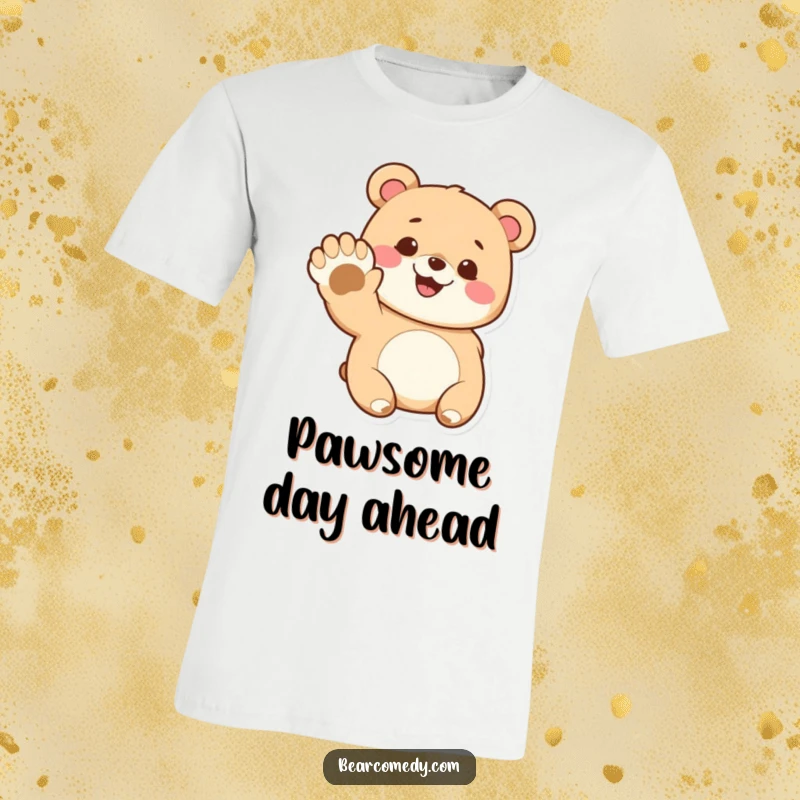Funny t-shirt showcasing a cute bear with a beaming smile, enthusiastically waving a comically large paw.