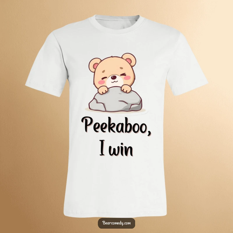 Funny bear character with a mischievous wink peeking from behind a rock on a t-shirt, showing playful cunning.