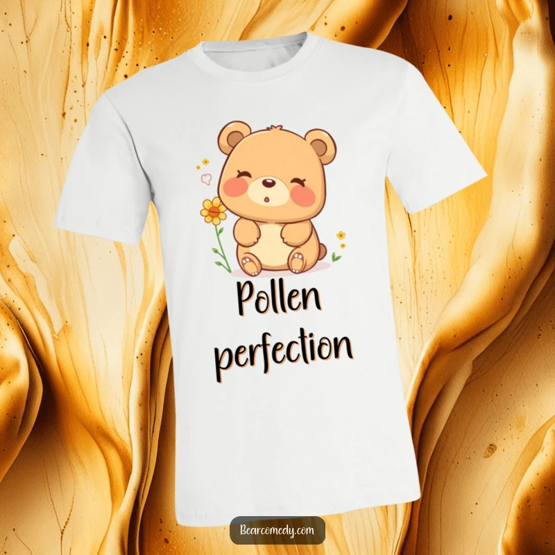 Funny t-shirt showcasing a happy bear character exhaling a soft puff of pollen with a blissful sigh, embodying relaxed and cheerful vibes.