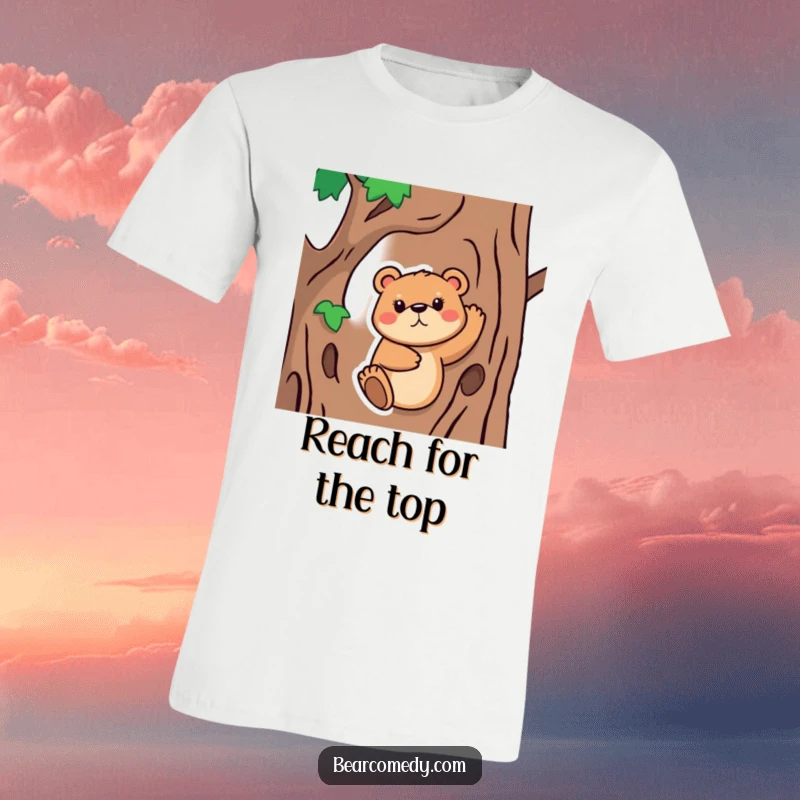 Funny T-Shirt depicting a bear animal with a determined expression, comically attempting to climb a tree, showcasing valiant, humorous effort.