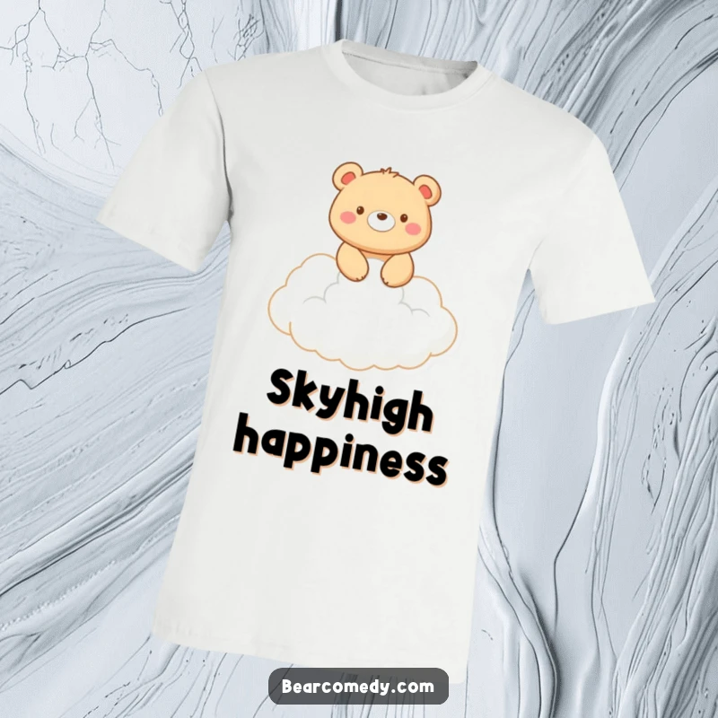 Funny t-shirt graphic: A joyful bear smiles while riding on a fluffy white cloud, symbolizing freedom and happiness.